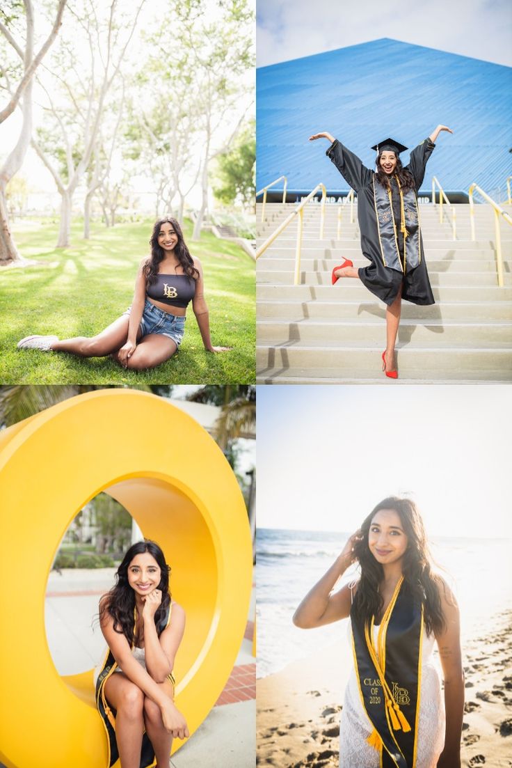 four different pictures of women in graduation clothes and one is wearing a hat, the other has a yellow o - ring