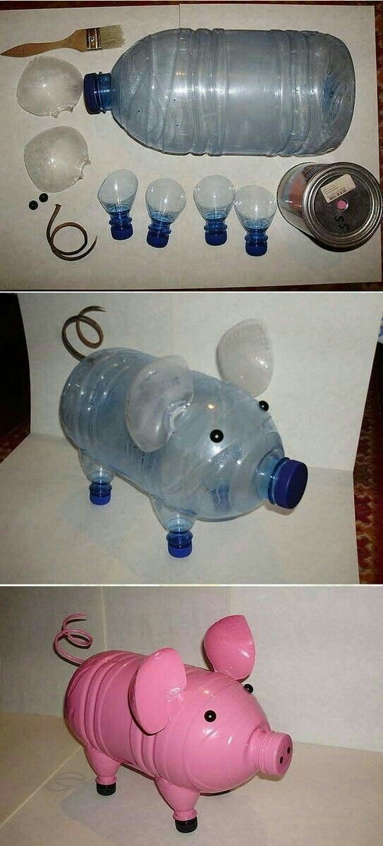 three pictures of plastic pig and water bottles