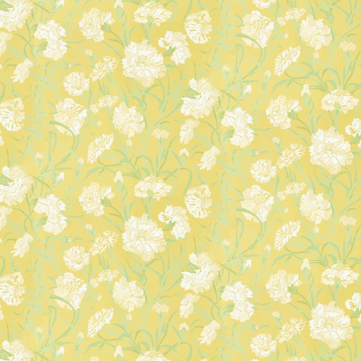 a yellow background with white flowers and green leaves