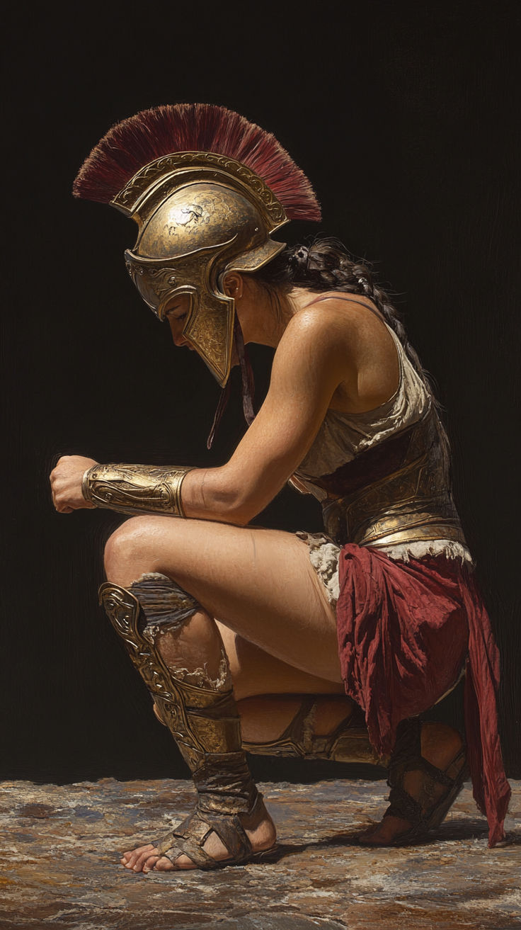 a painting of a woman dressed in ancient greek garb kneeling down with her hands on her knees