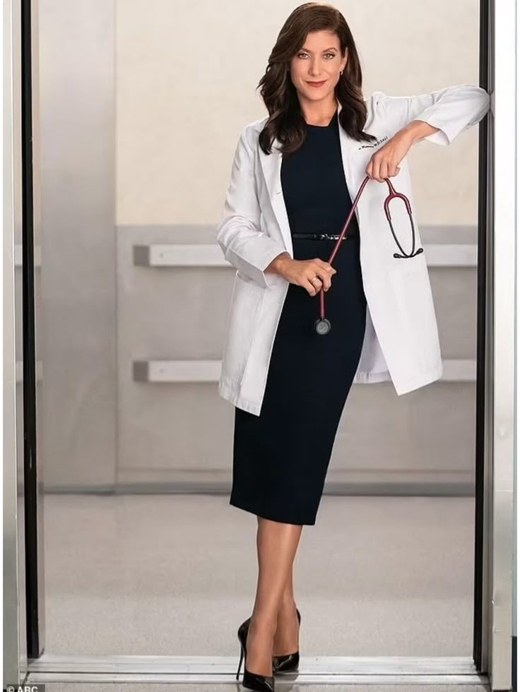 a woman in a white coat and black dress holding a pair of glasses while standing next to an open door