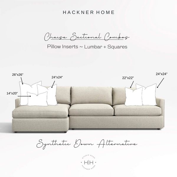 a sectional sofa with pillows and measurements for the back end, side, and arm sections