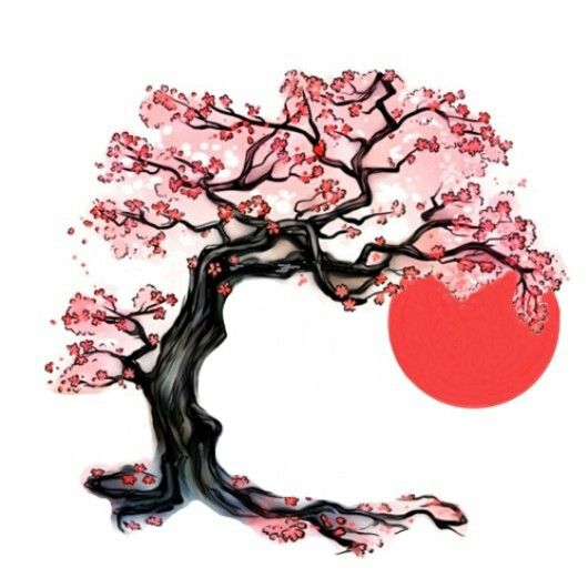 a painting of a cherry blossom tree with the sun in the background and red circle