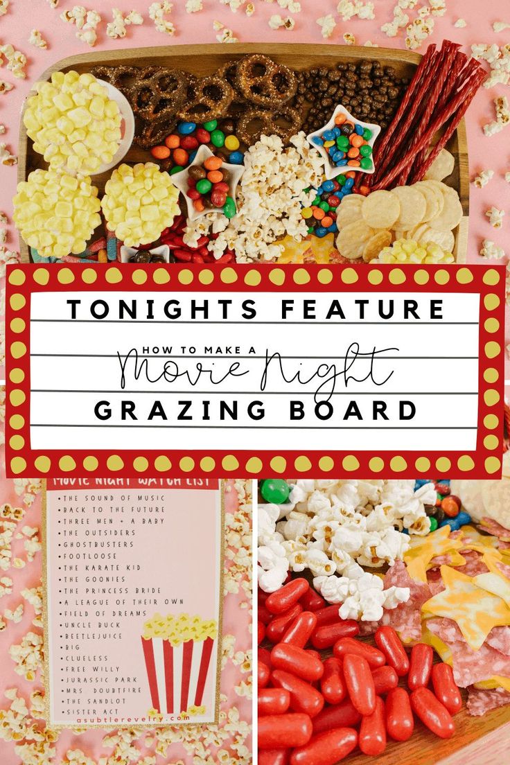 a movie night party with popcorn, candy and snacks