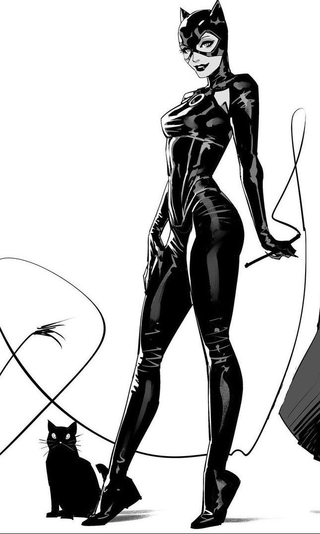 a black and white drawing of a woman in catsuit with a cat on her back