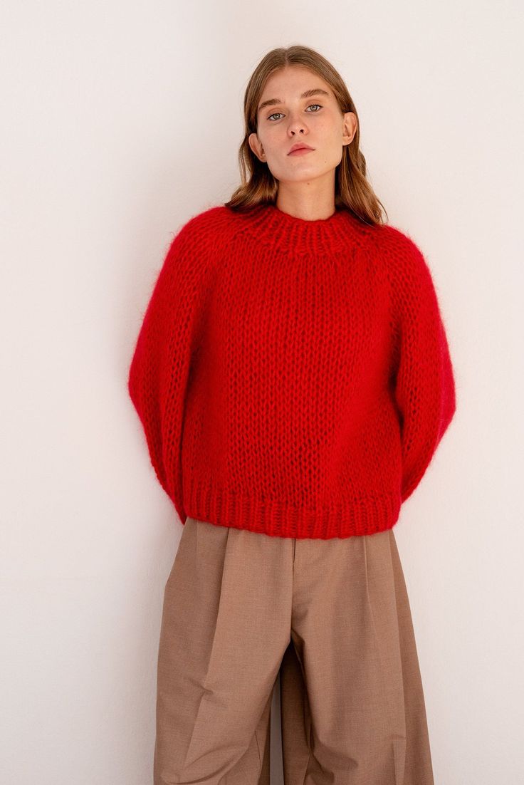 Red Sweater Knit, Hand Knitted Sweaters Cotton, Knitwear Sweater Outfit, Chunky Red Sweater, Red Knit Sweater Outfit, Womens Red Sweater, Red Knitted Sweater, Oversized Knitted Sweater, Fancy Sweater