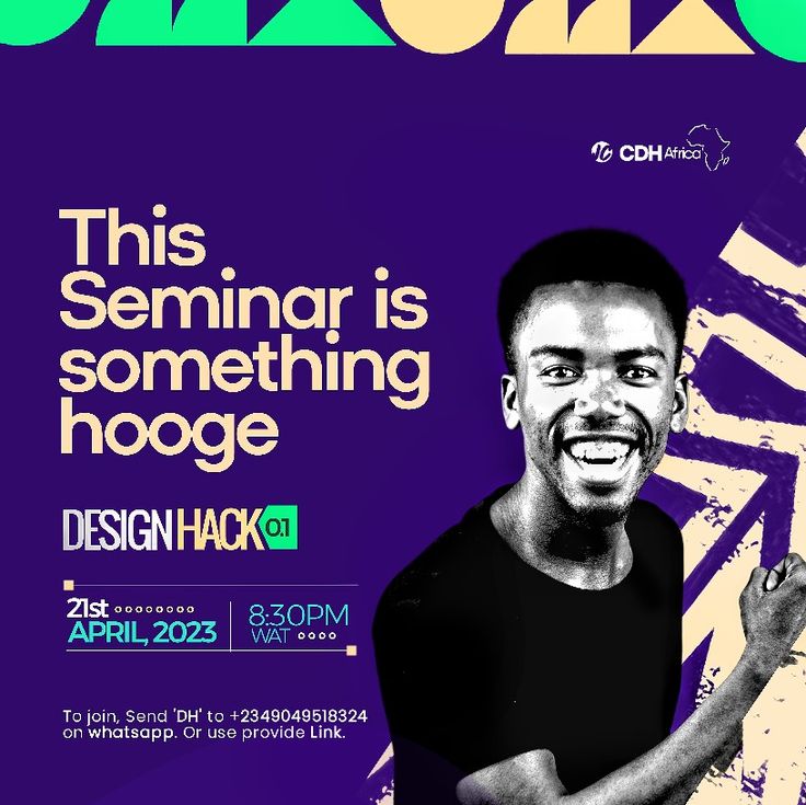 a poster for an event with a smiling man in black shirt on the front and purple background