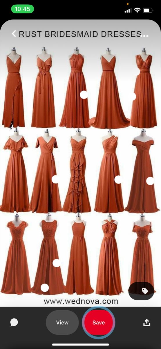 bridesmaid dresses in different styles and colors on mannequins with text overlay that reads, rust bridesmaid dresses