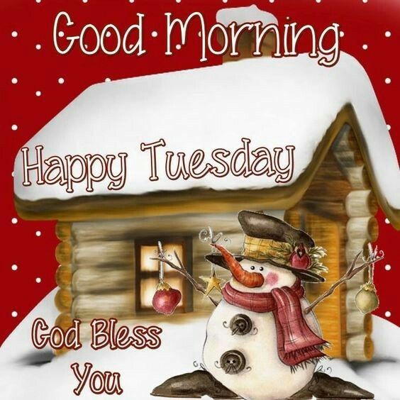 a snowman is standing in front of a house with the words good morning happy tuesday