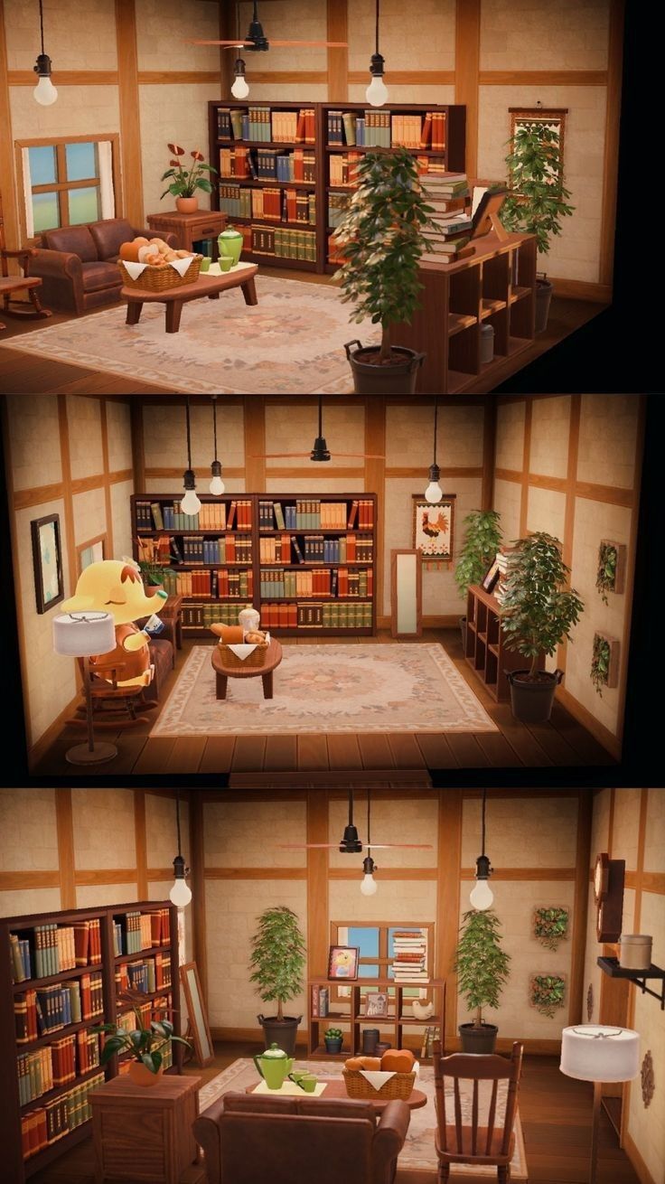 three different views of a living room with furniture and bookshelves in the middle