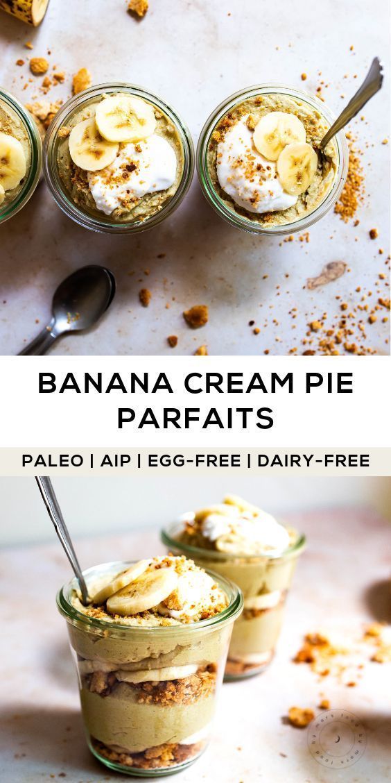 banana cream pie parfaits in small glass bowls with spoons on the side