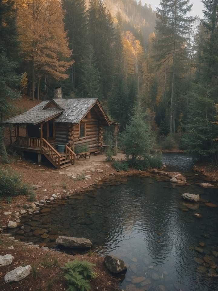 a cabin in the woods next to a river