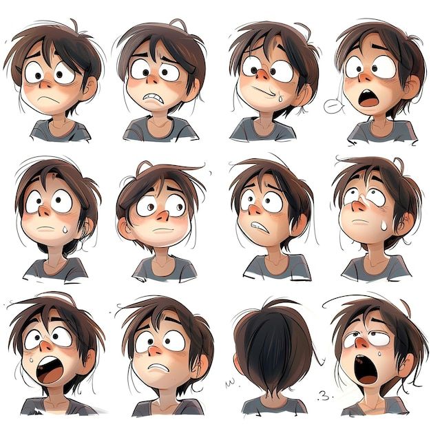 the various facial expressions of a boy with brown hair and white eyes, in different poses