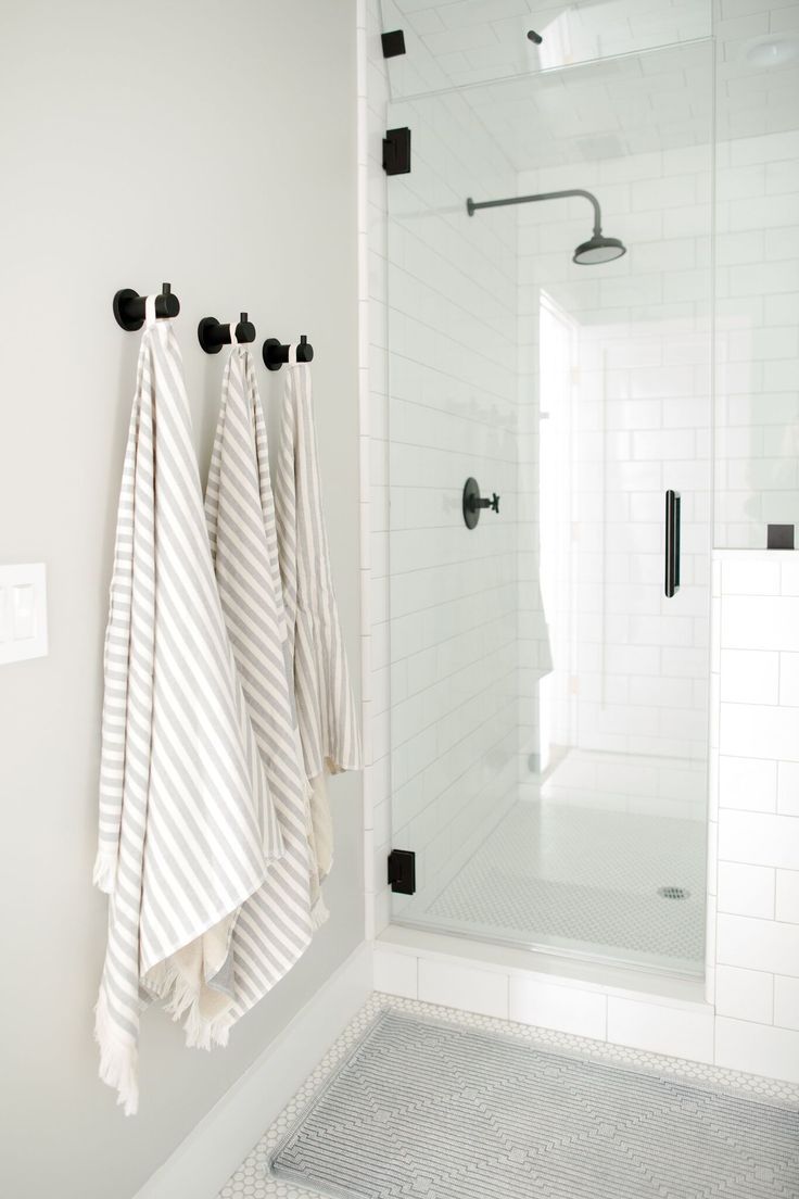 two towels hanging on the wall in front of a shower door and another towel rack