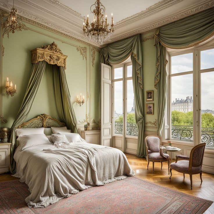 an ornate bedroom with green walls and curtains, chandelier and bed in the middle