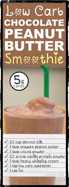 a chocolate peanut butter smoothie is shown with information about how to make it in the blender