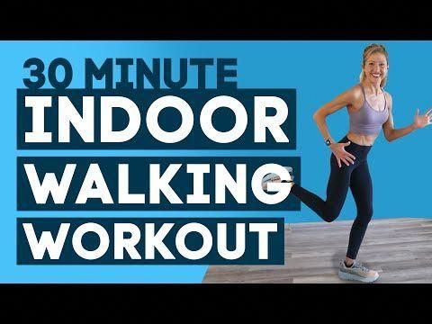 a woman is running on a wooden floor with the words 30 minute indoor walking workout