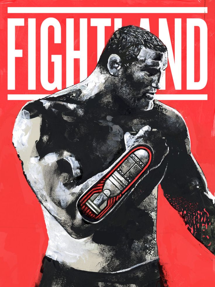 a painting of a man holding a bottle in his right hand with the word fightland written on it