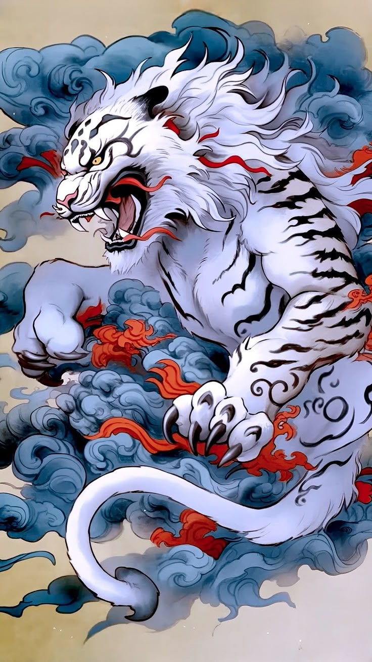 a white tiger with blue and red paint on it's body