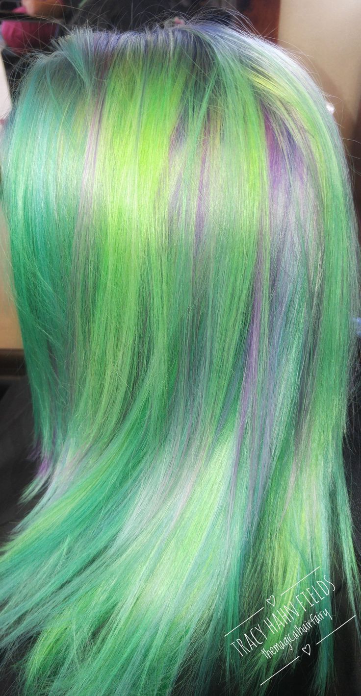 Vivid haircolor Purple And Green Hair Streaks, Pastel Green And Purple Hair, Pink Purple And Green Hair, Purple And Green Hair Ideas, Multi Hair Color Ideas, Blonde Hair With Green Highlights, Green And Blonde Hair, Blonde And Green Hair, Unique Hair Ideas