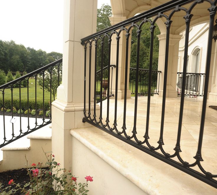 an iron balcony railing with flowers in the foreground