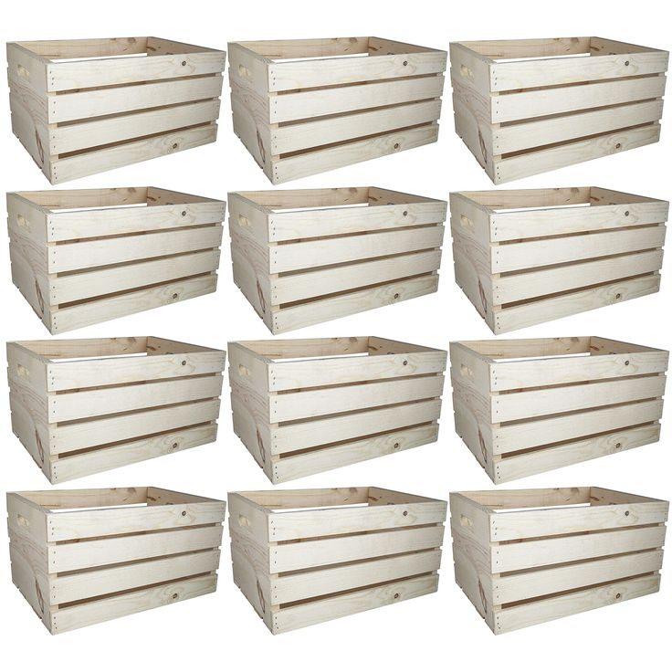 six white wooden boxes with handles on each side