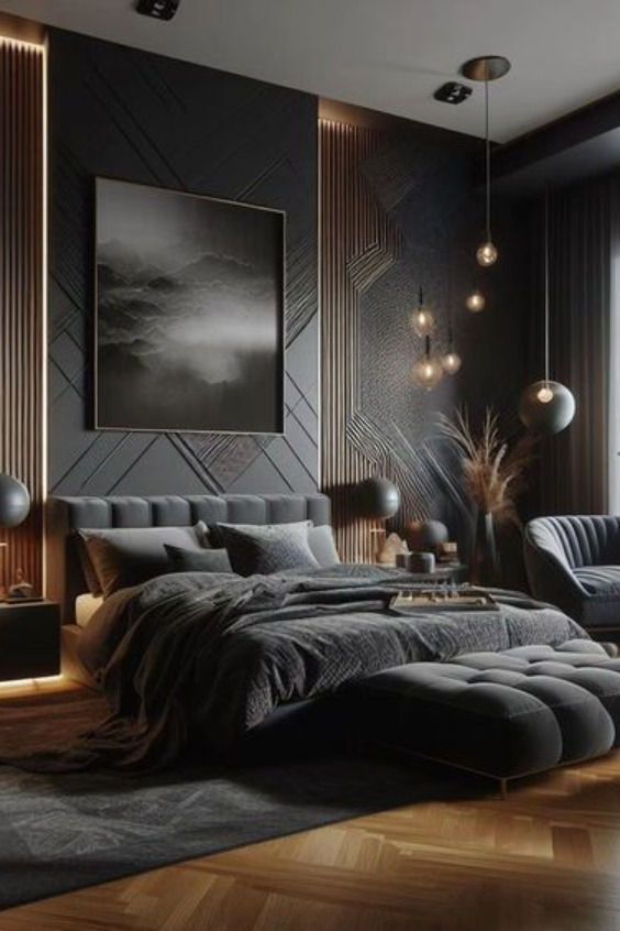 a modern bedroom with black walls and wood flooring, large bed in the middle