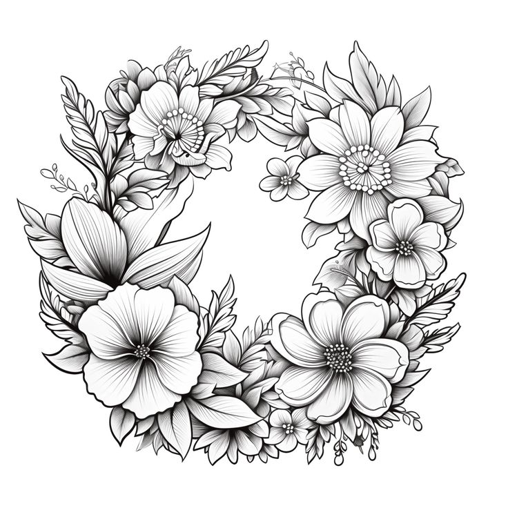 a black and white drawing of flowers in the shape of a letter o on a white background