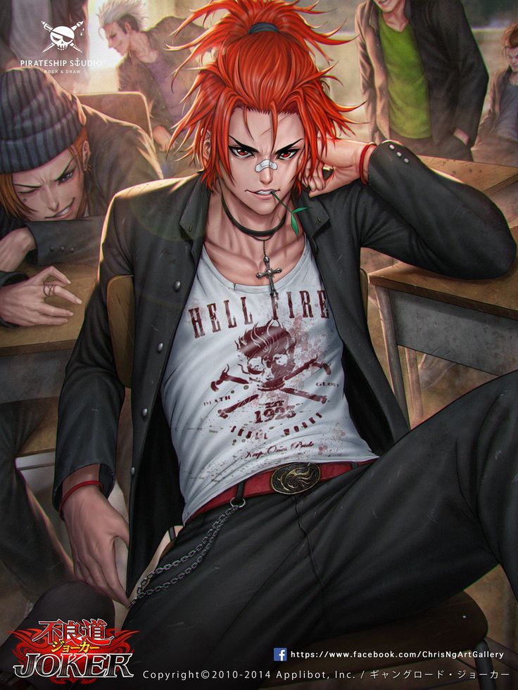 an anime character with red hair sitting on a chair