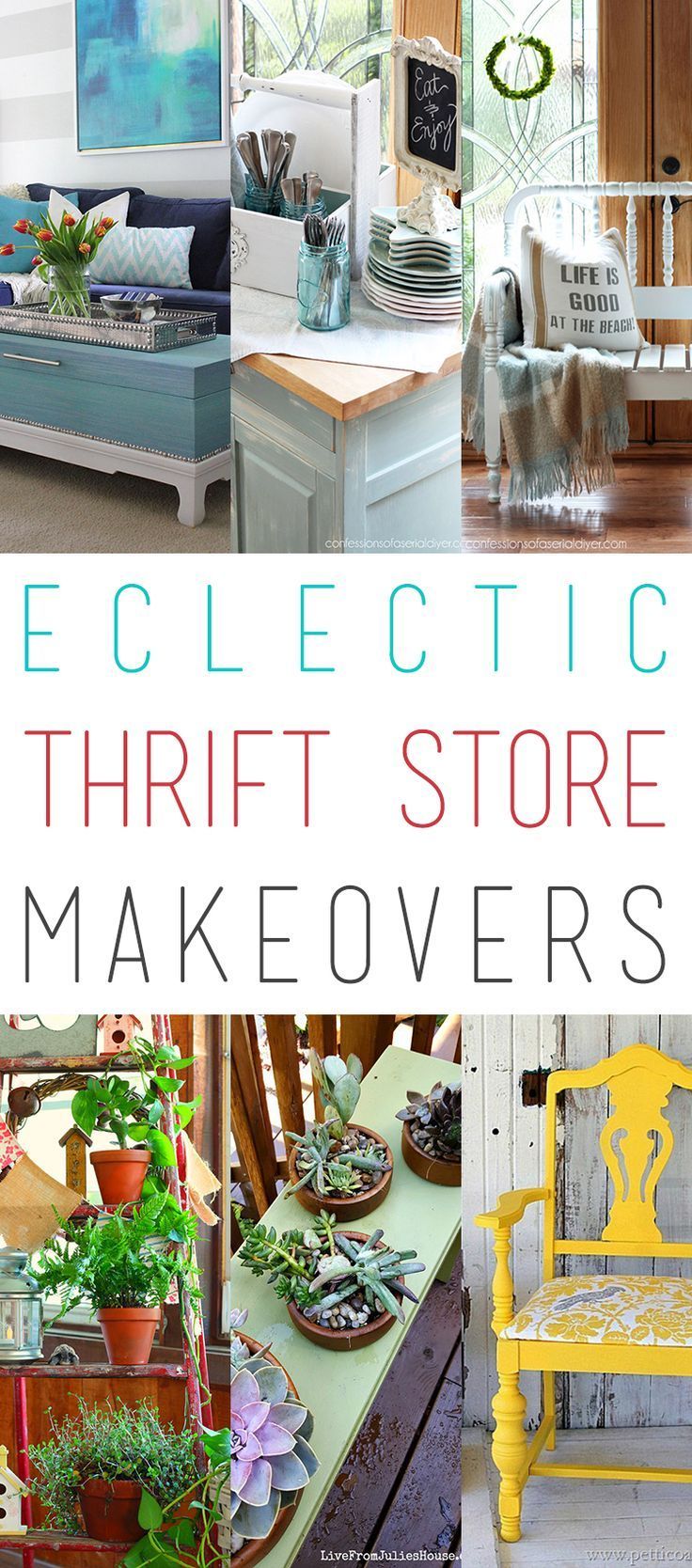 there are many different types of furniture in this collage with the words eclectic thrift store makeovers