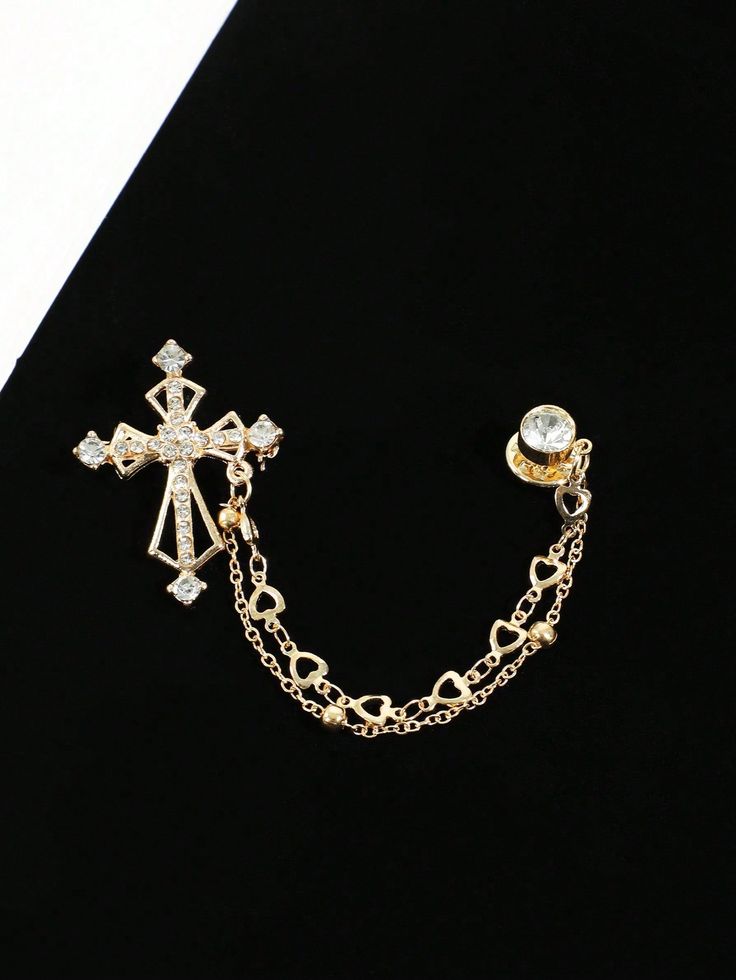 Cross Chain Brooch With Tassels, Rhinestone Pendant, Elegant Metal Brooch, Tassel Corsage, Host Brooch, Multifunctional Fashion Accessories, Fashionable Trend Lapel Pin Chain Accessory For Suit, Tie And Jacket, Ideal Gift, Vintage Lapel Badge Accessory For Men's Wedding And Party Gold,Silver    Zinc Alloy    All Men Accessories, size features are:Bust: ,Length: ,Sleeve Length: Chain Brooch, Cross Brooch, Cross Shape, Collar Pin, Suit Tie, Collar Chain, Star Chain, Collar Pins, Rhinestone Cross