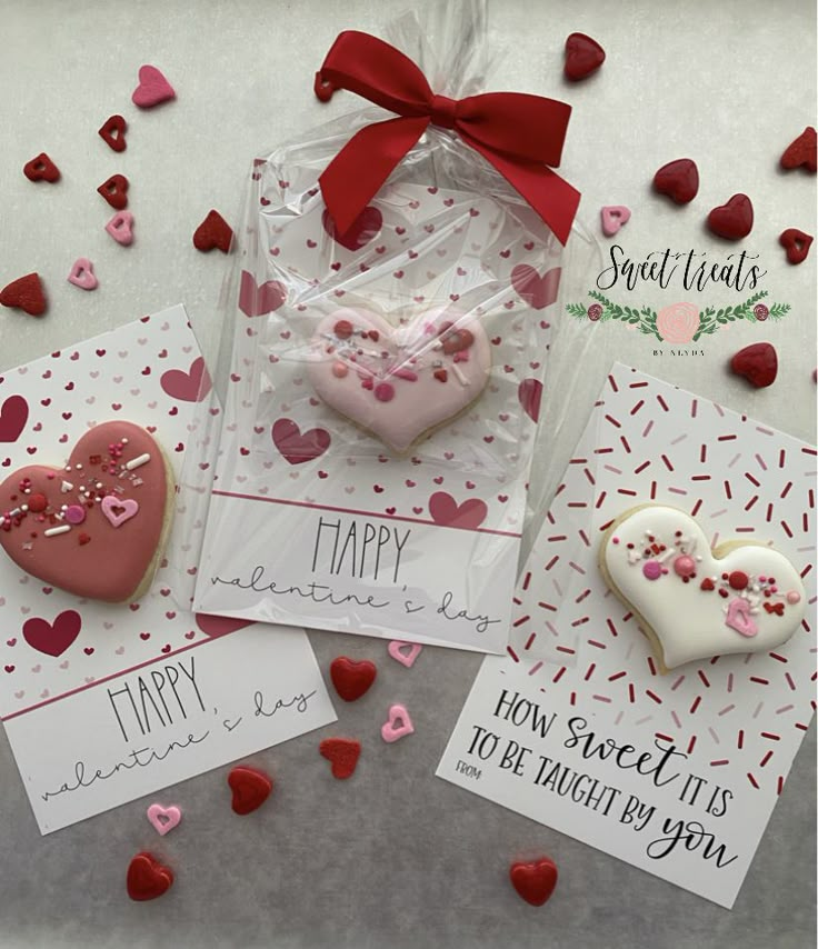 three valentine's day cards with hearts and confetti in the shape of heart