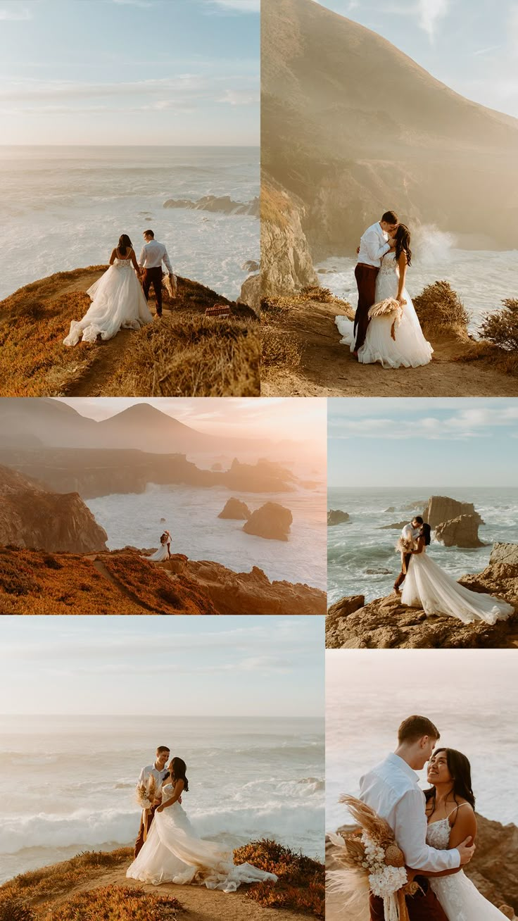 the bride and groom are sitting on rocks by the ocean