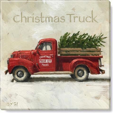 an old red truck with a christmas tree in the back is shown on a white background