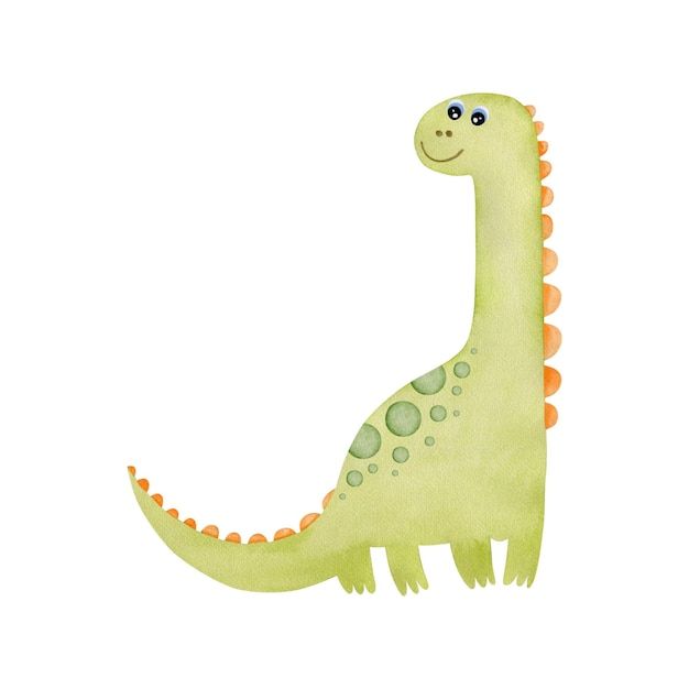 a watercolor drawing of a green dinosaur with orange spots on it's body