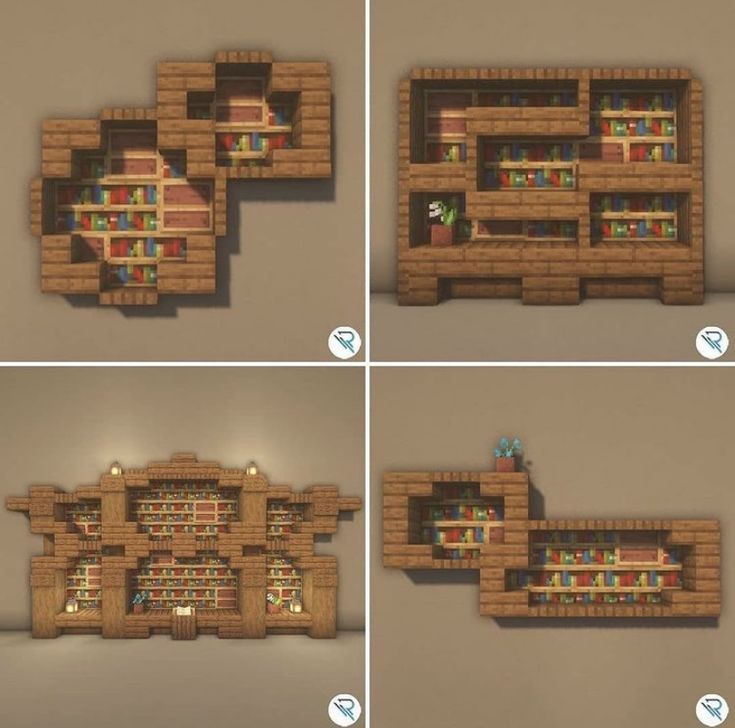 four different views of a book shelf made out of bricks