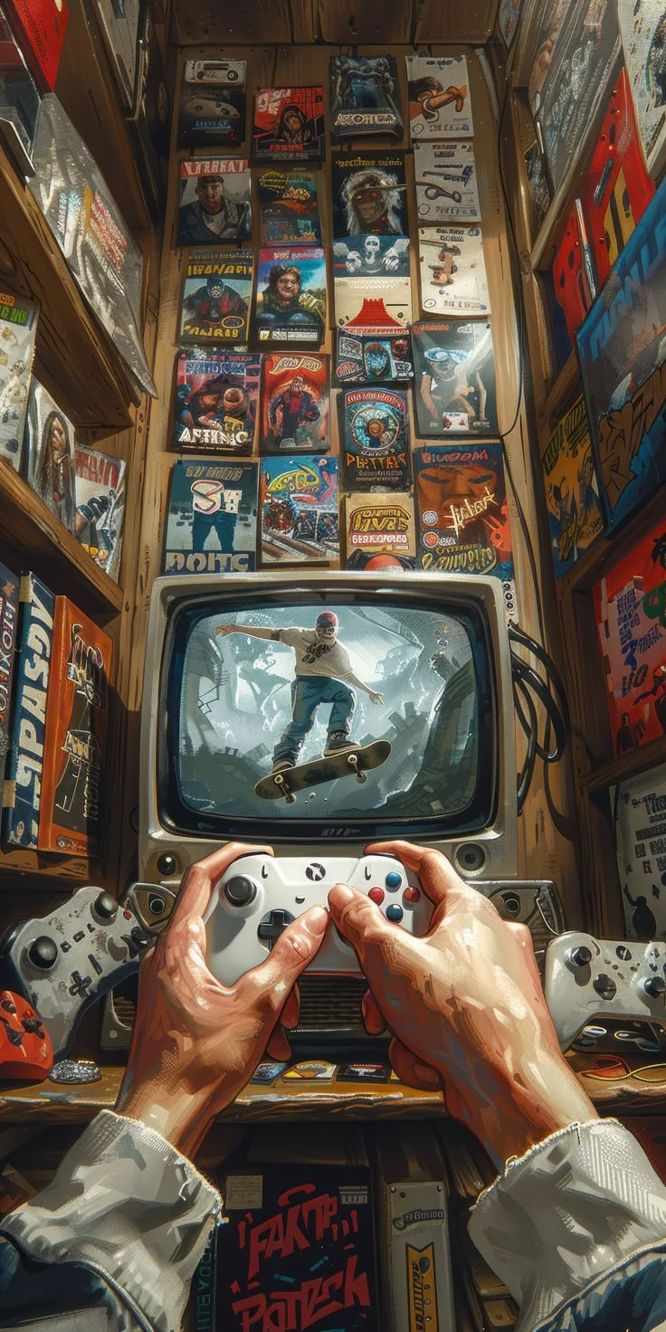 a person holding a video game controller in front of a tv surrounded by comic books