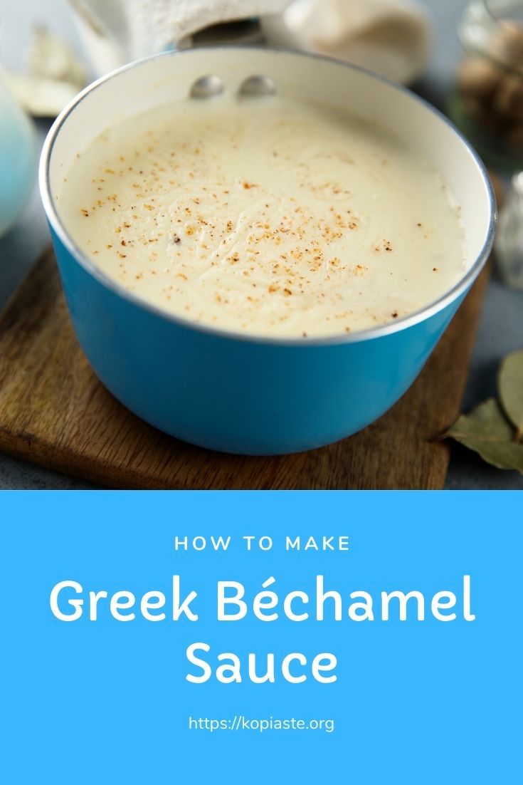 how to make greek bechamel sauce in a blue bowl on a cutting board