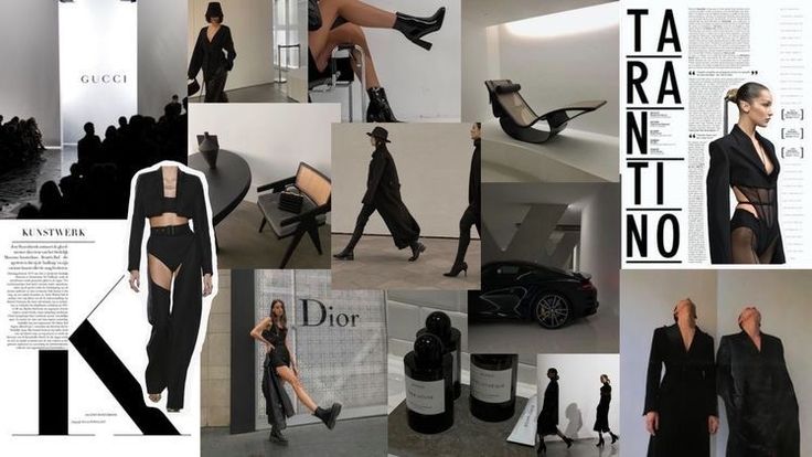 a collage of photos with models in black outfits