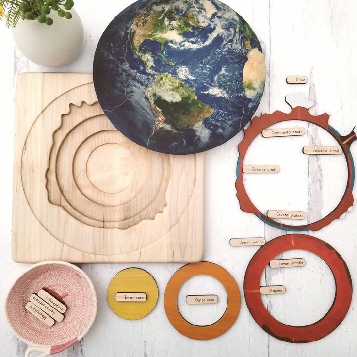 the earth is surrounded by wooden circles and magnets on a white table with plants