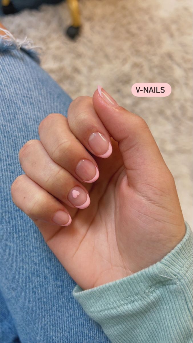 gel pink heart nail art for valentine’s day french tip Light Pink Nails Heart, Short Gel Nail Designs Natural, Short Rounded Acrylic Nails, White Shellac, Rounded Acrylic Nails, Graduation Hair, Light Pink Nails, Short Gel Nails, Heart Nail Art