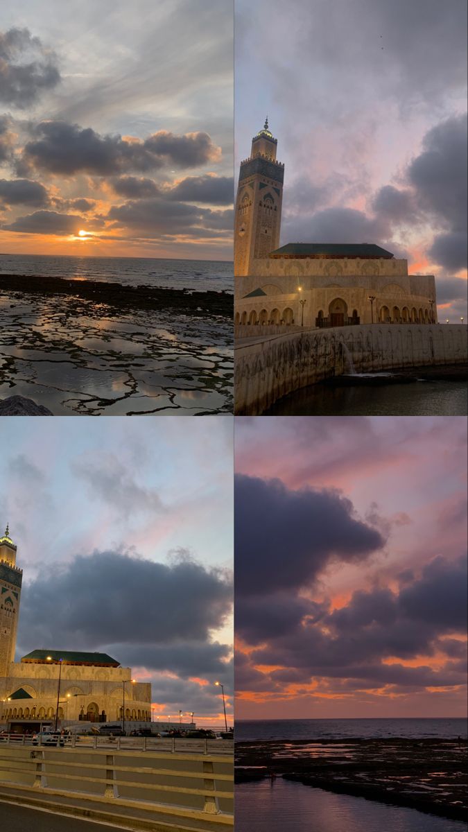 four pictures of the same building at different times of day and night, with clouds in the background