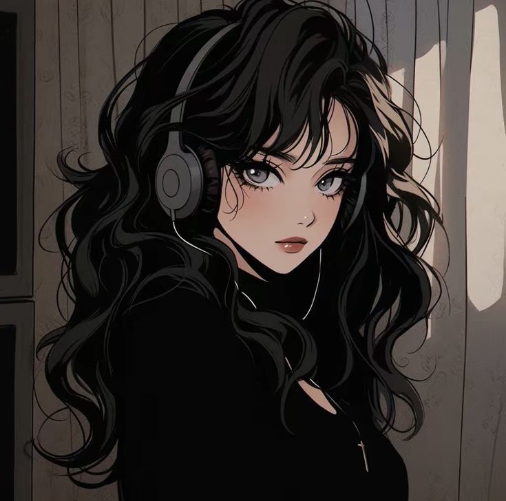 an anime character with headphones on and long dark hair, wearing a black dress