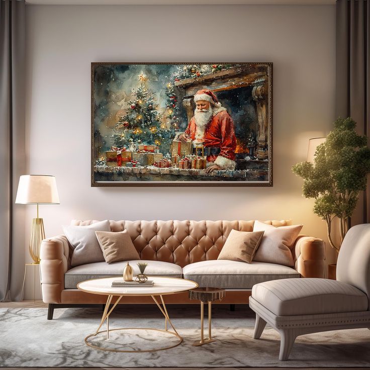 a living room filled with furniture and a painting on the wall above it's coffee table