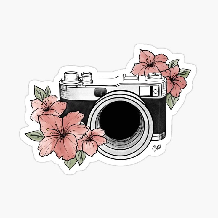 a camera with flowers on it sticker