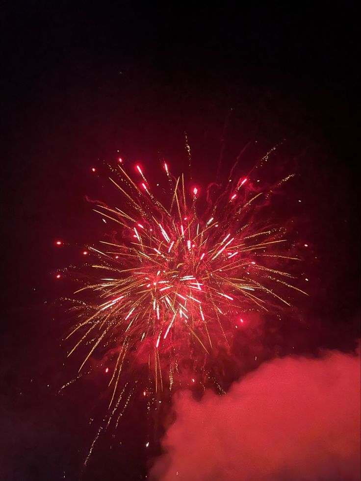 fireworks are lit up in the night sky with pink and red colors on it's side