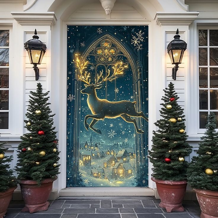 a door decorated with christmas trees and lights in front of a house that has a lit up reindeer on it