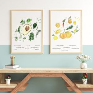 two framed pictures with fruits and vegetables on the wall next to each other in front of a desk