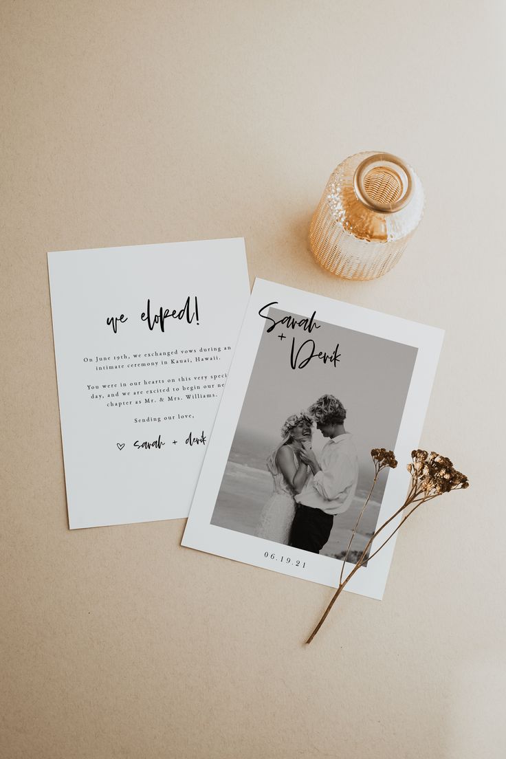 two wedding cards with the same photo on them