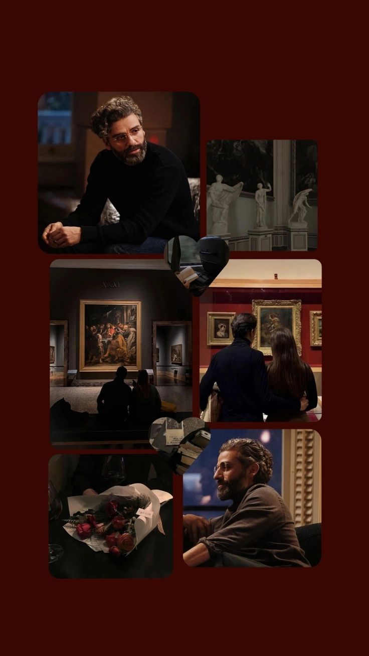 a collage of photos with people looking at paintings